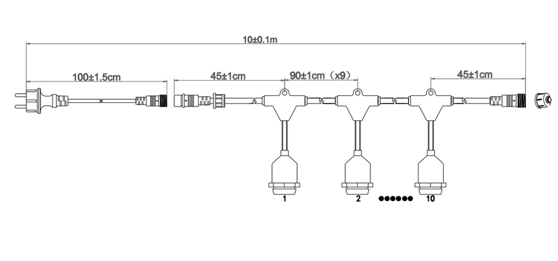 SELED ULKOVALOSARJA /VALOKETJU ULKOKÄYTTÖÖN VAIHDETTAVILLA E27 LED -LAMPUILLA. 10m / 10 lamppua