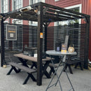 Messupiste, jossa terassille.com pergola, kalusteet, valot ja lämmittimet. Tervetuloa terassille