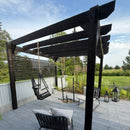 Massiivipuusta pergola. Hiilletty puu pergola. Musta pergola. 3 x 3m pergola. 300 x 300 cm pergola. Huoltovapaa ja ekologinen valinta.