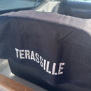 Terassille keittiöpyyhe / pikkupyyhe valkoisella tekstillä (kesäkeittiöön, mökille, veneelle, asuntoautoon/asuntovaunuun)